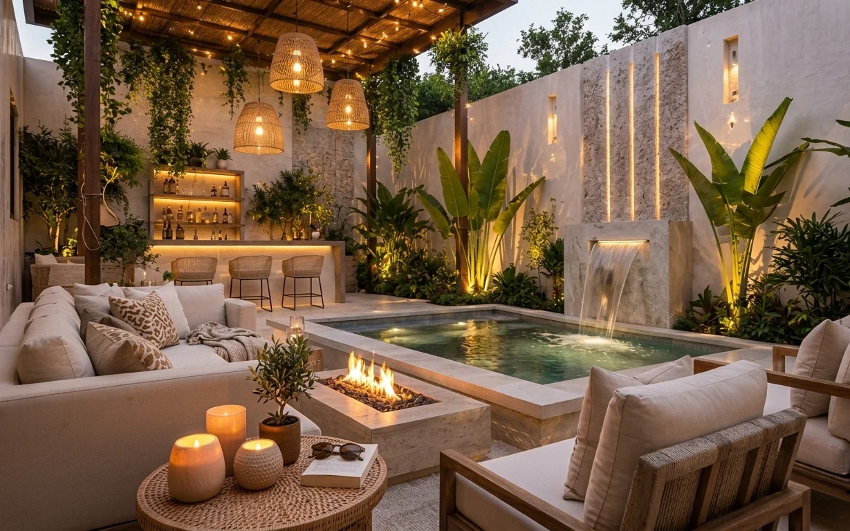 Poolside lounge with cream sofas, rattan pendant lamps, warm string lights, wall sconces, and lush potted greenery near the fire pit