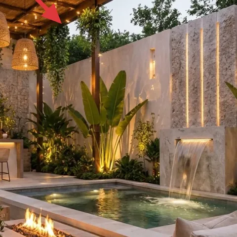 string lights set across the pergola
