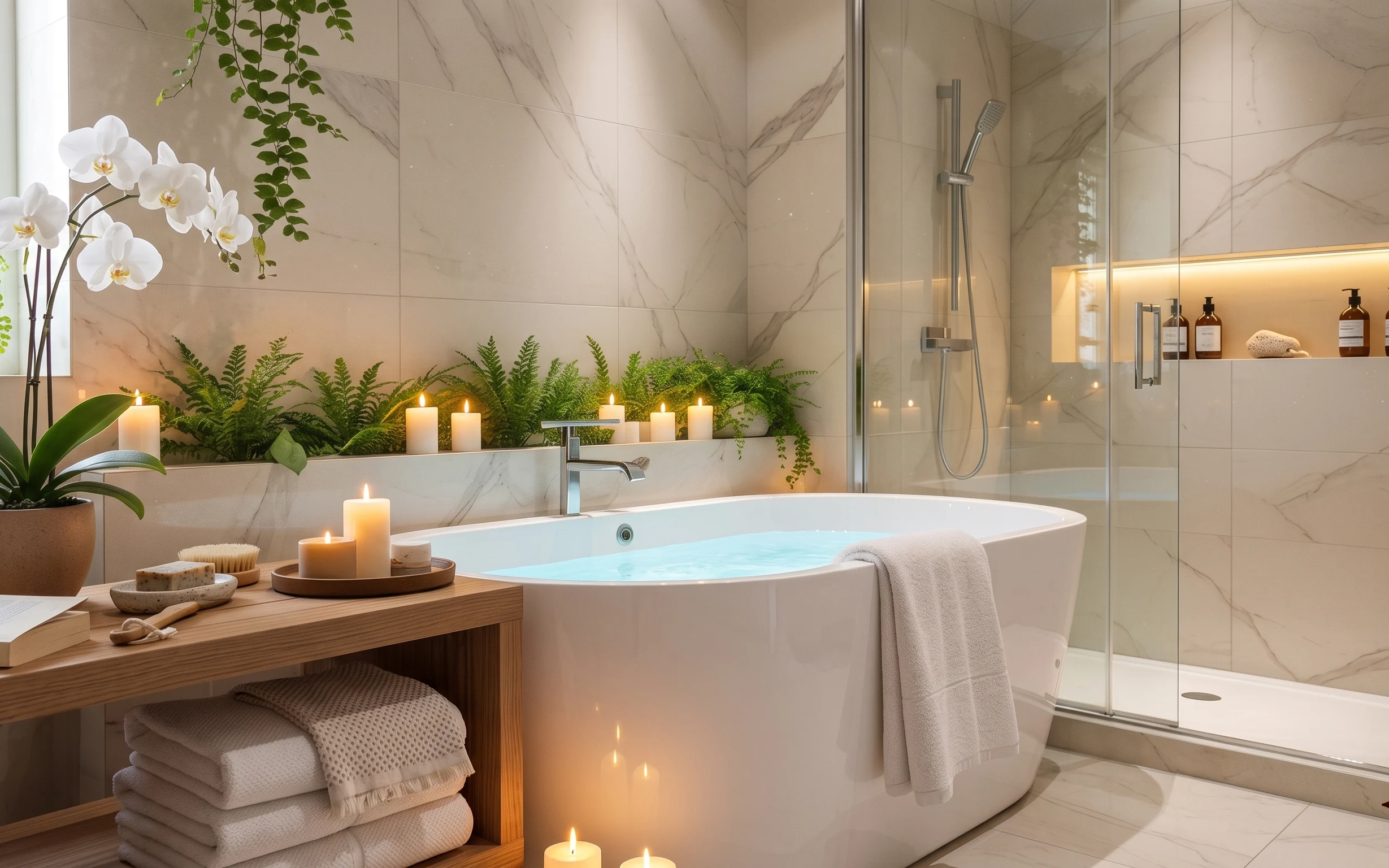 Warm bathtub nook with marble-look tile, glass shower panel, candles on a tray, stacked white towels, greenery, and a potted plant