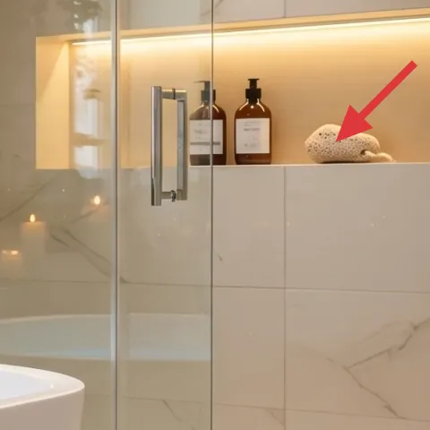 soap bottles on back wall shelf