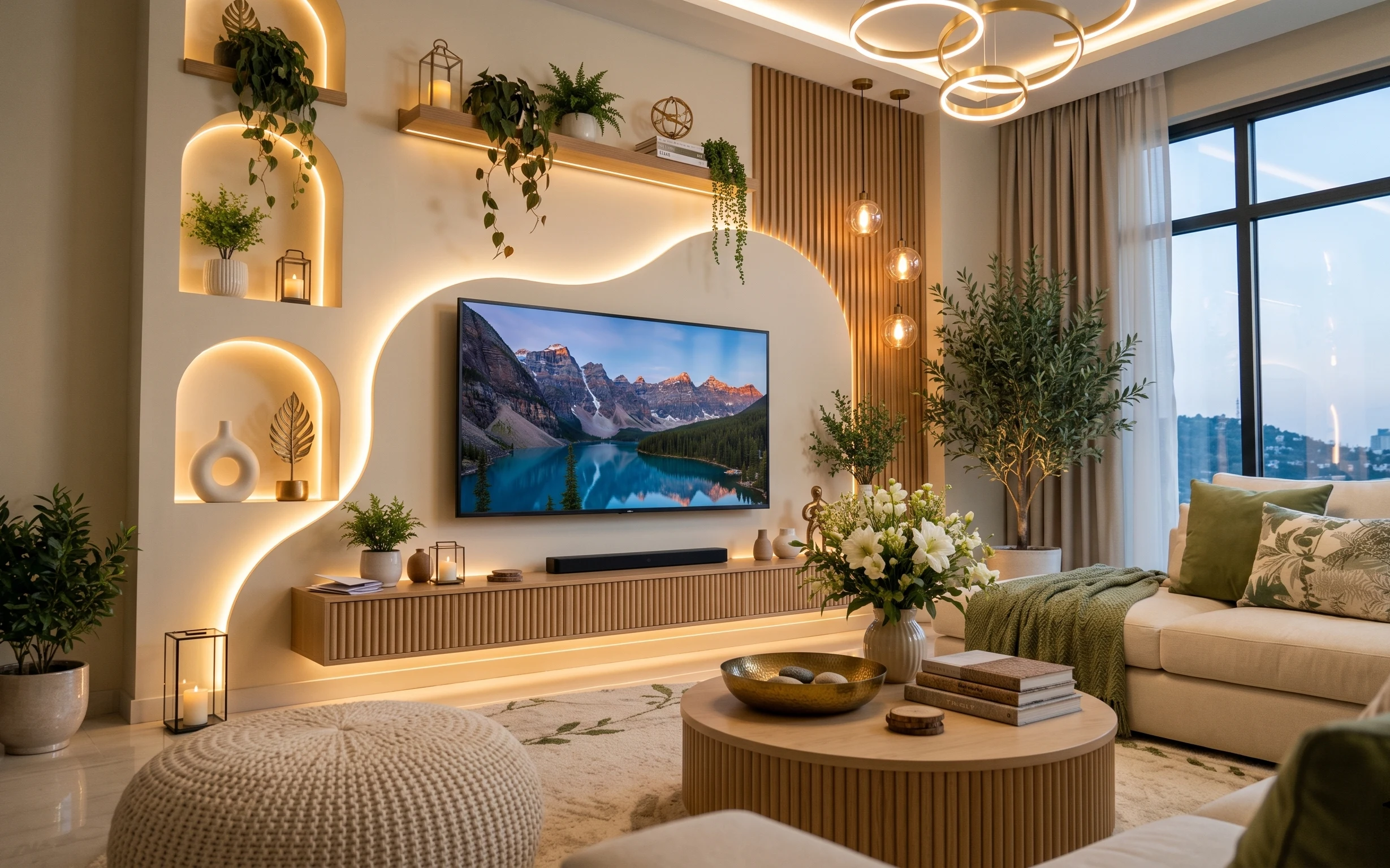 Warm modern living room with beige rug, light sofa, framed landscape art, green knit throw, plants, and glass lantern candle