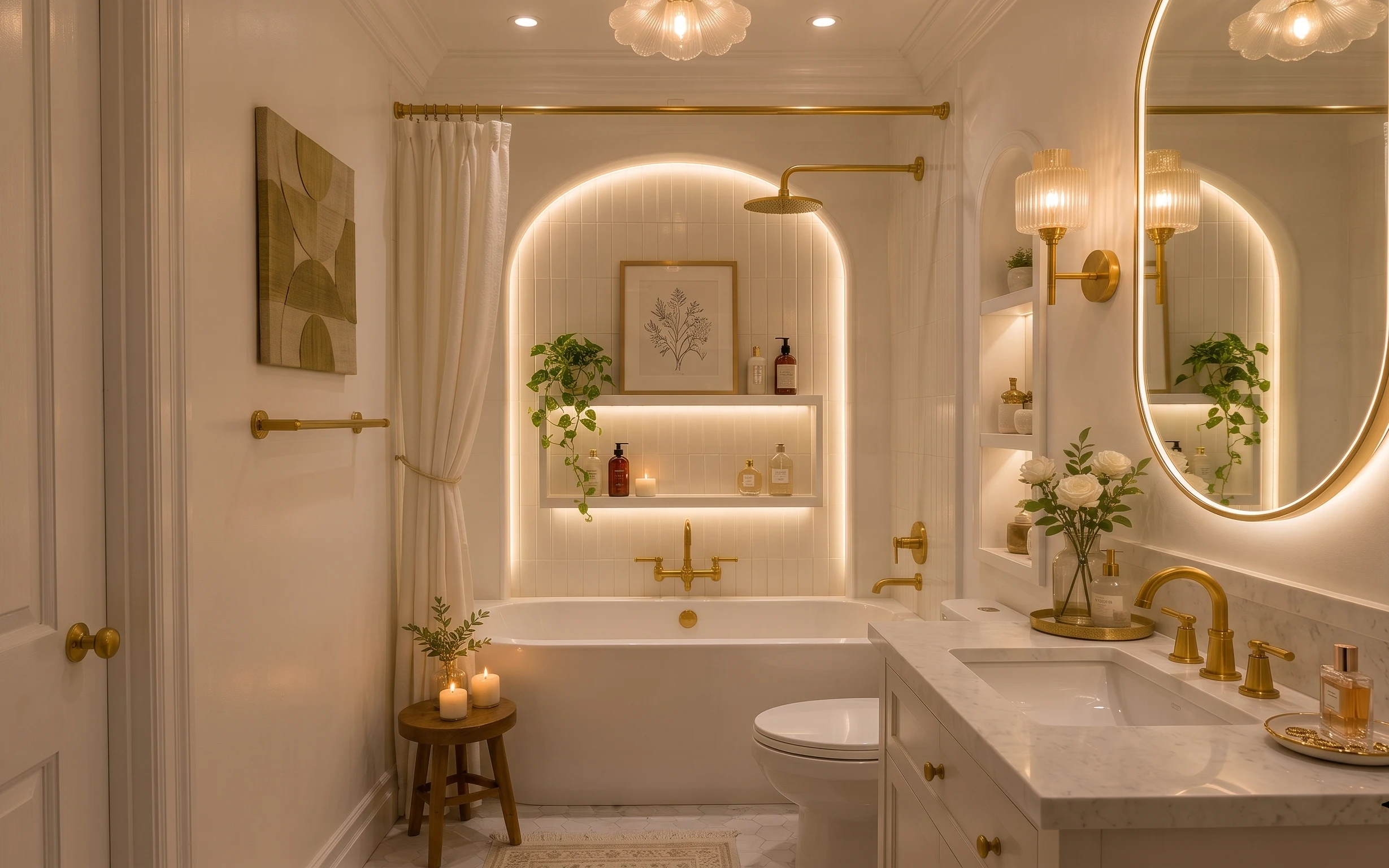 Brass-and-white tub alcove bathroom with white shower curtain, framed botanical print, plants, rug, and candles