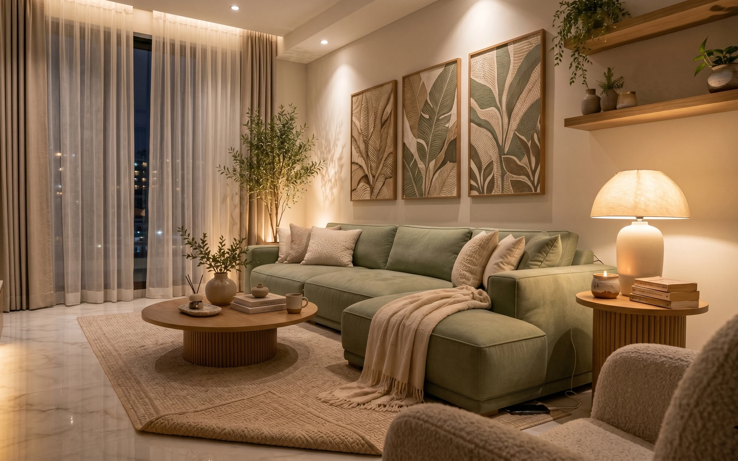 Sage green sofa corner with beige rug, taupe curtains, botanical framed prints, warm plug-in table lamp, and styled coffee table