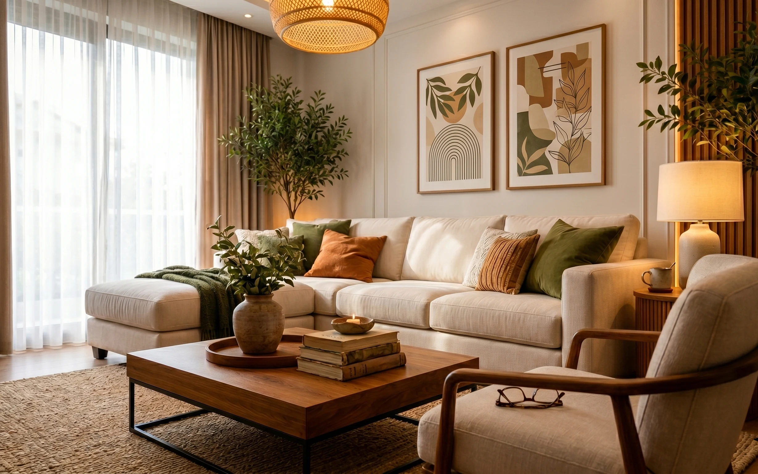 Warm modern living room with beige sofa, olive throws, botanical framed prints, plug-in lamp, and textured beige rug