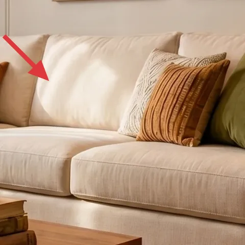 green throw pillow on right sofa cushion