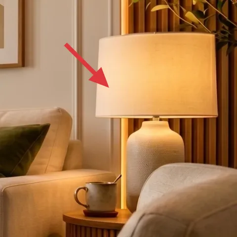 plug-in table lamp with beige shade on right