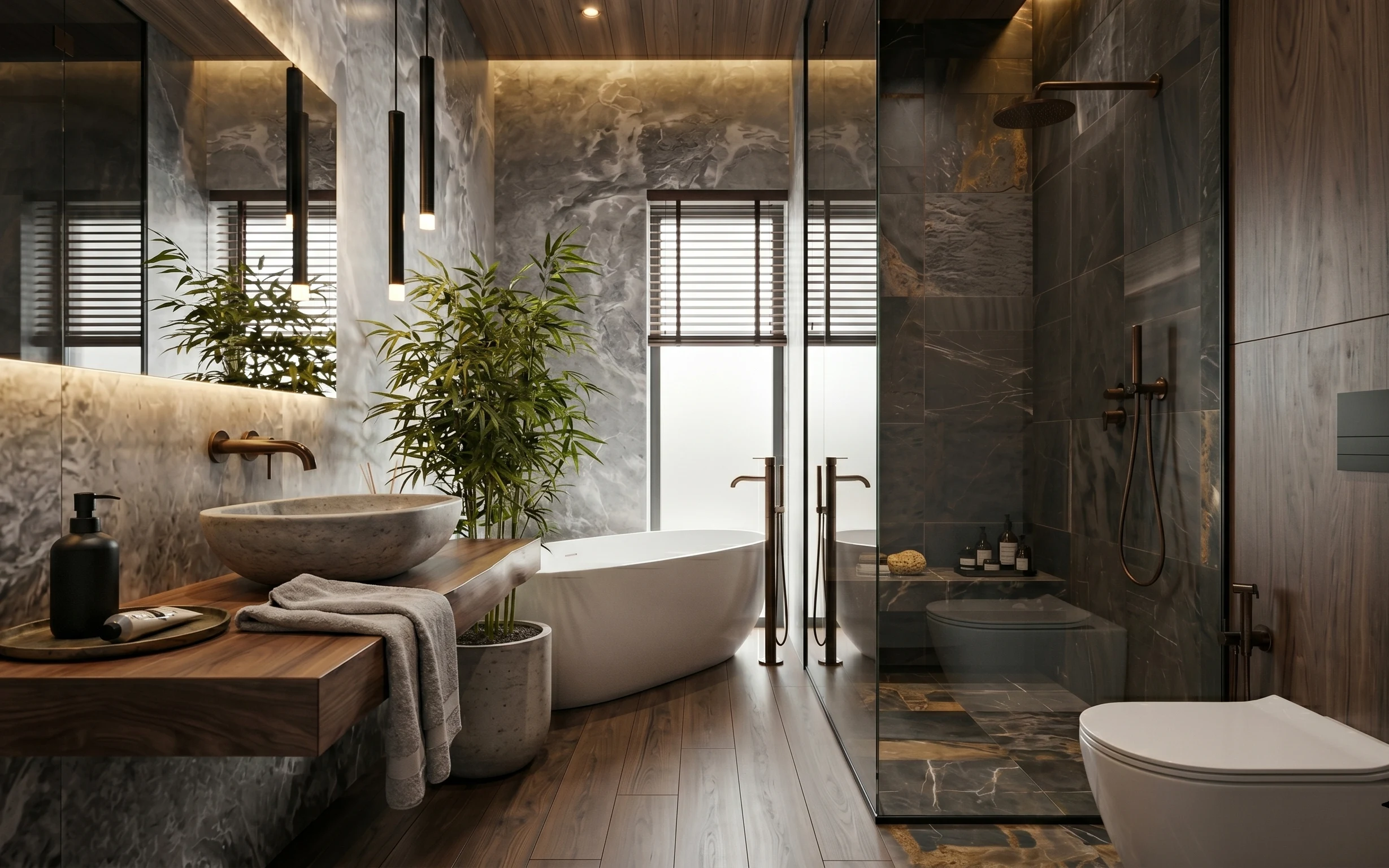 Spa-style bathroom with marble-look tile, wood vanity, tall plant, black pendant light, mirror cabinet, and bathtub