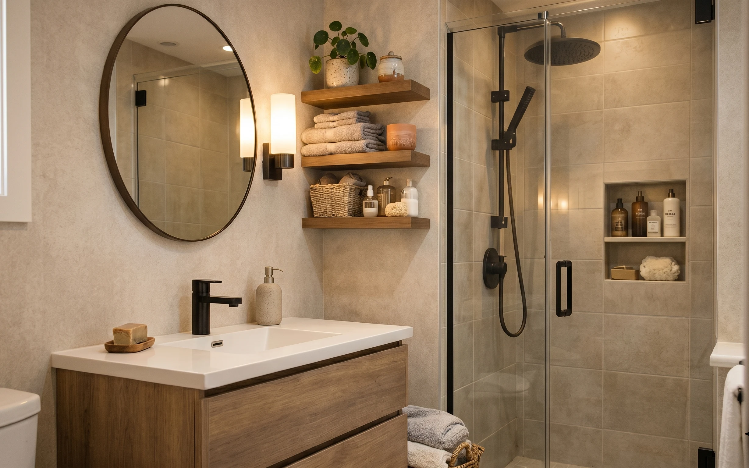 Spa-like bathroom with oval mirror, wood vanity, floating shelves, folded gray towels, and shower glass