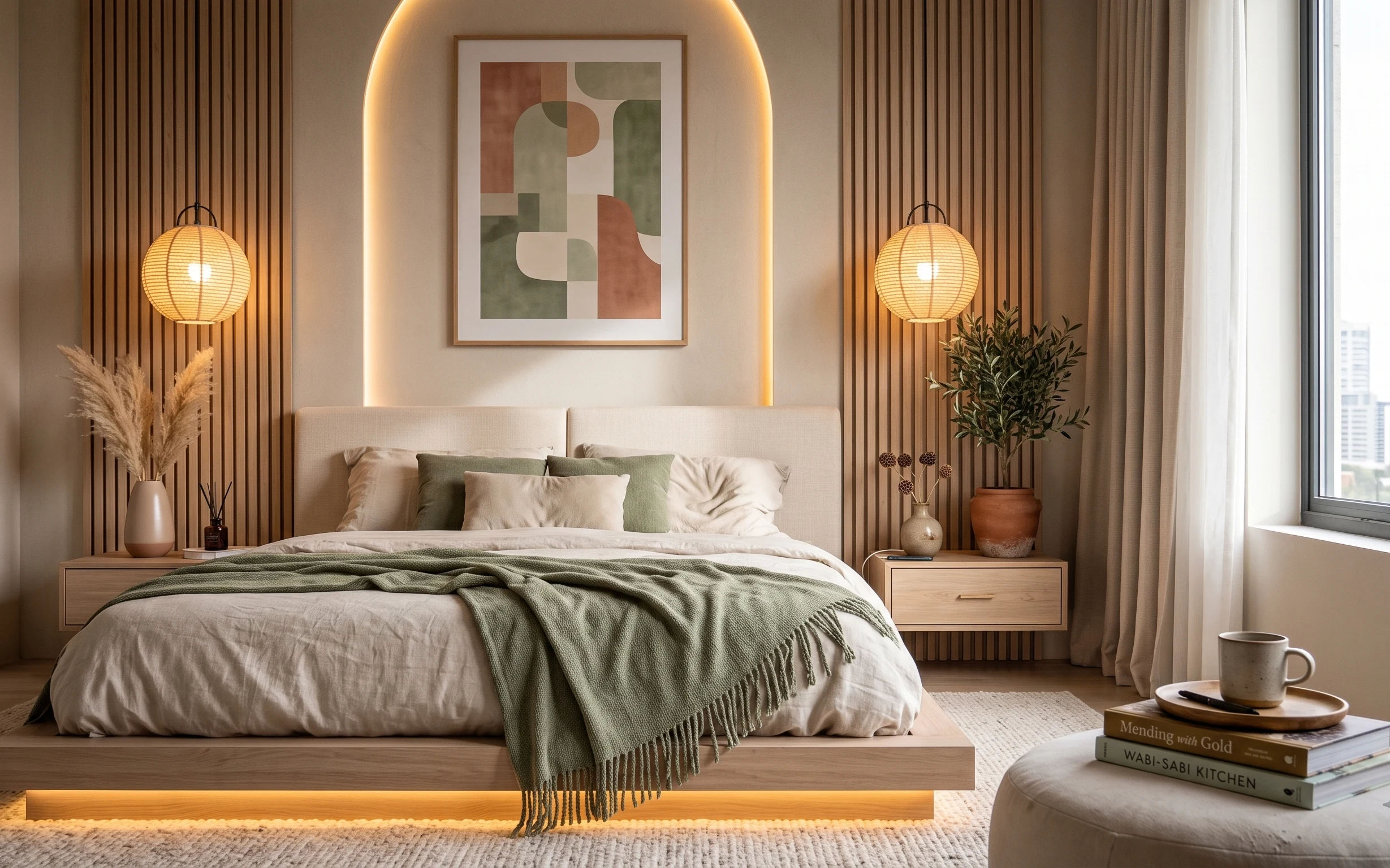 Warm beige bed nook with green throw, framed abstract art, beige curtains, terracotta plant, and globe pendant lamps