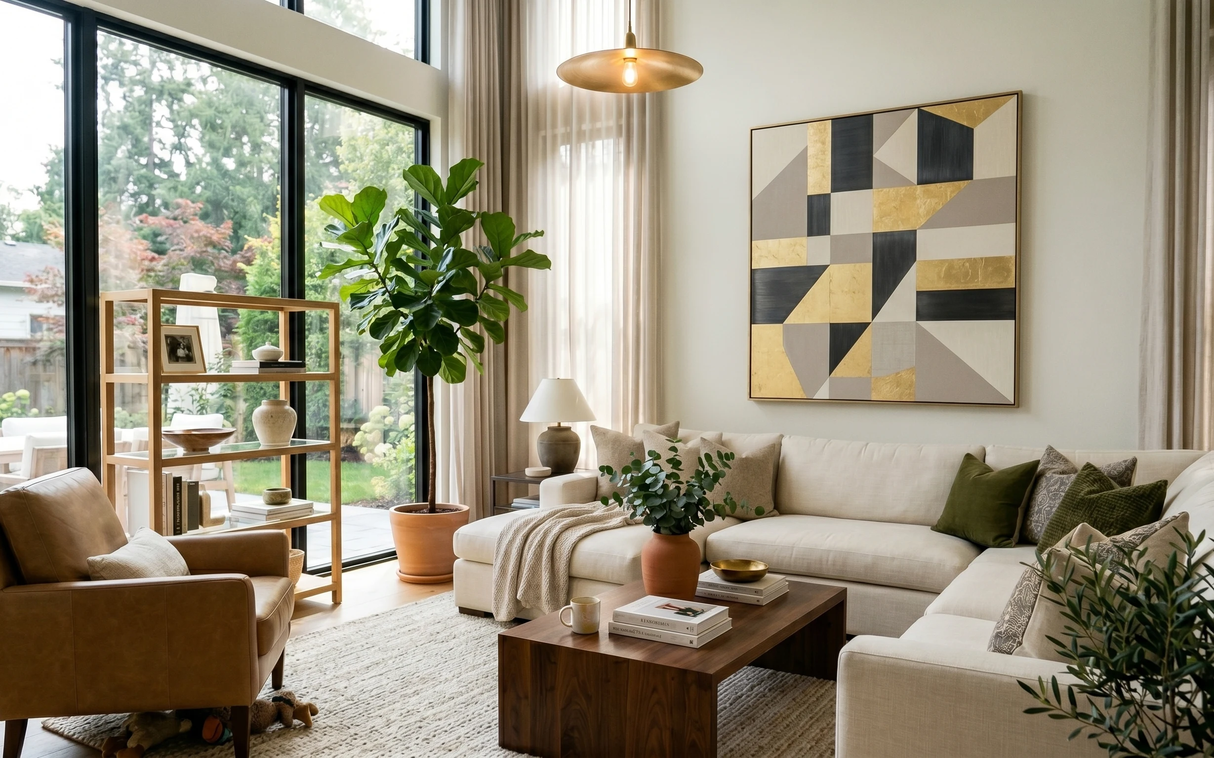 Sofa corner with cream upholstery, olive pillows, terracotta plant, warm lamp, and framed geometric wall art