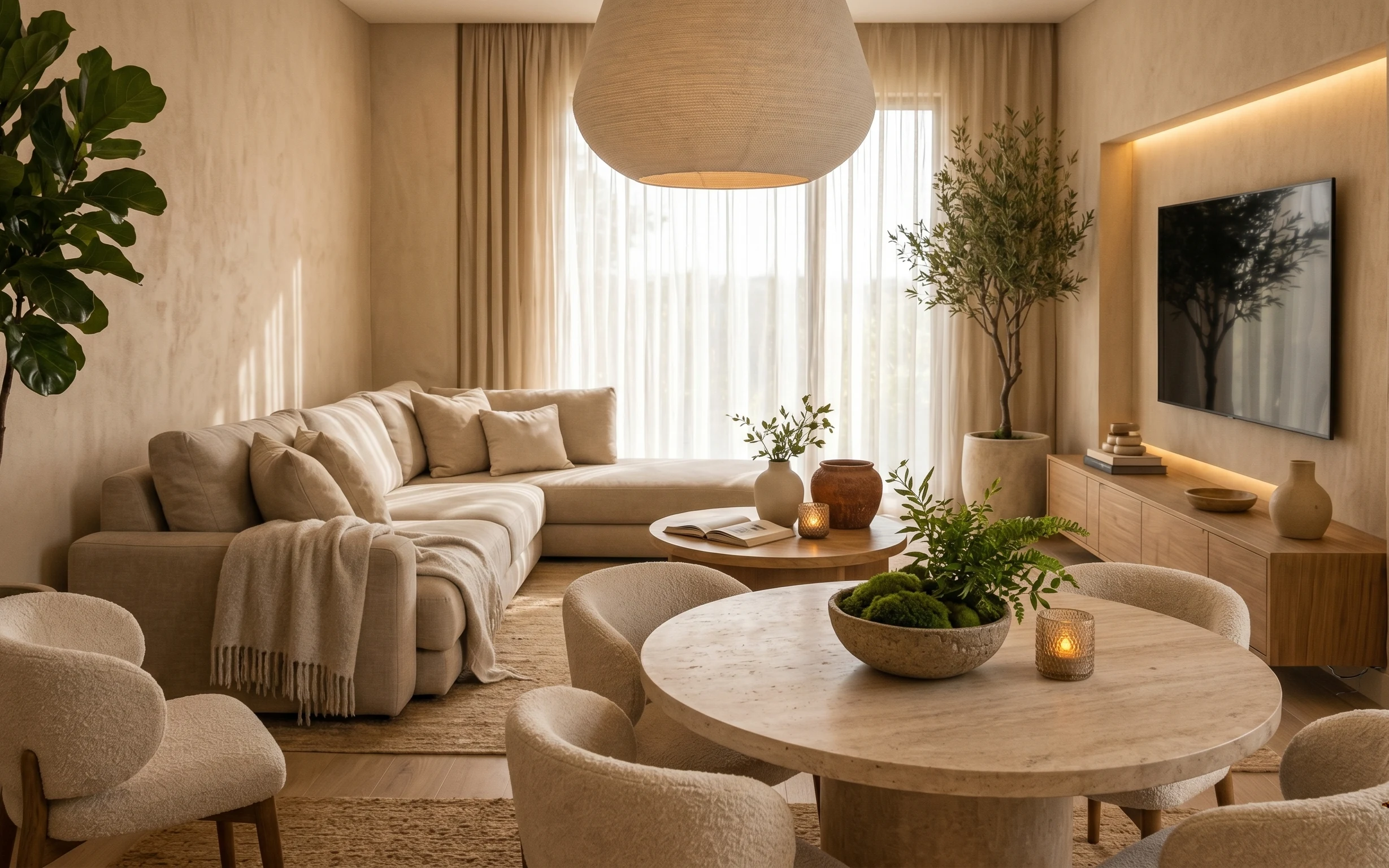 Warm beige living room with sofa seating, round coffee table, plants, and framed tree artwork