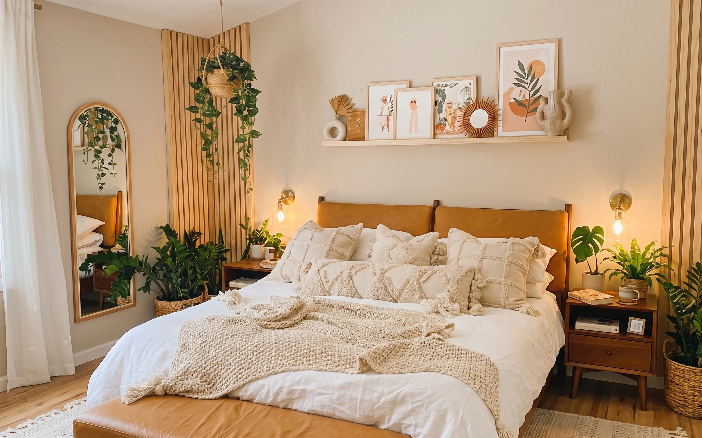Boho bed nook with tan headboard, cream knit throw, brass wall sconces, floating shelf art, white curtains, and plants