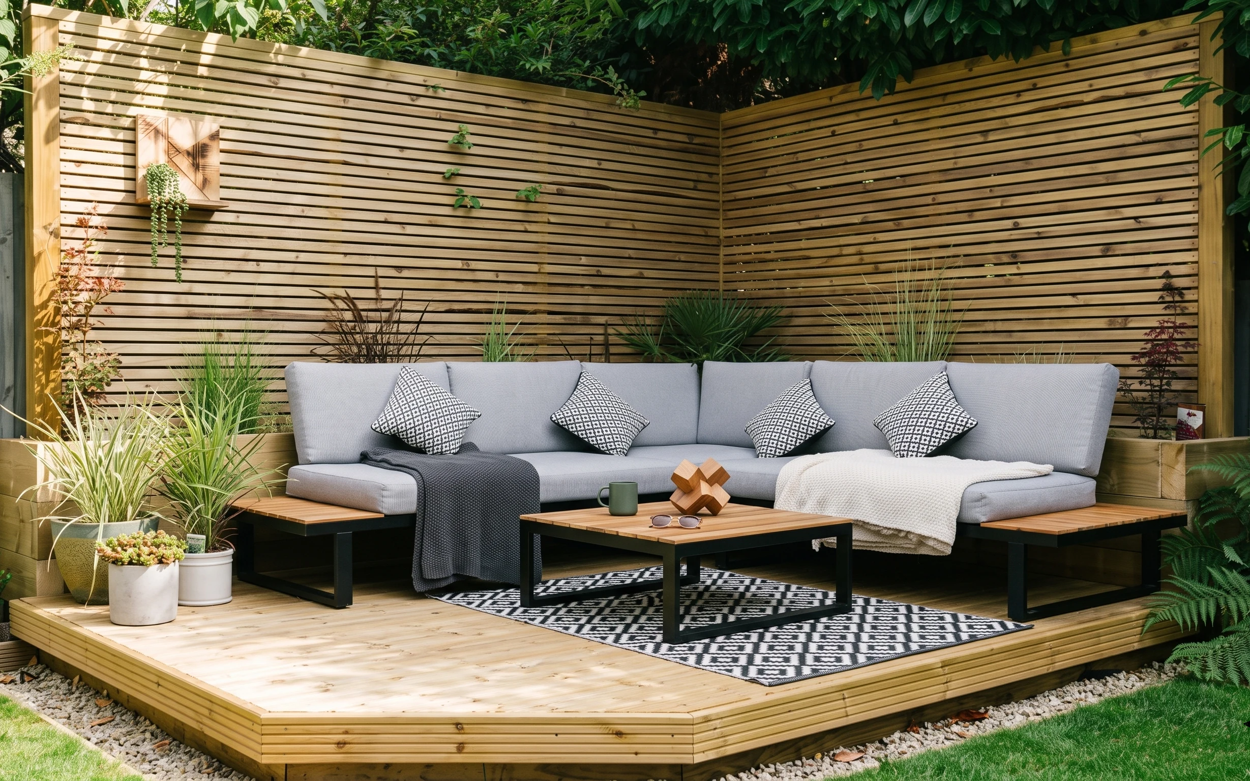 Light gray outdoor sofa on a wood deck with black-and-white rug, patterned pillows, gray throw, and potted greenery
