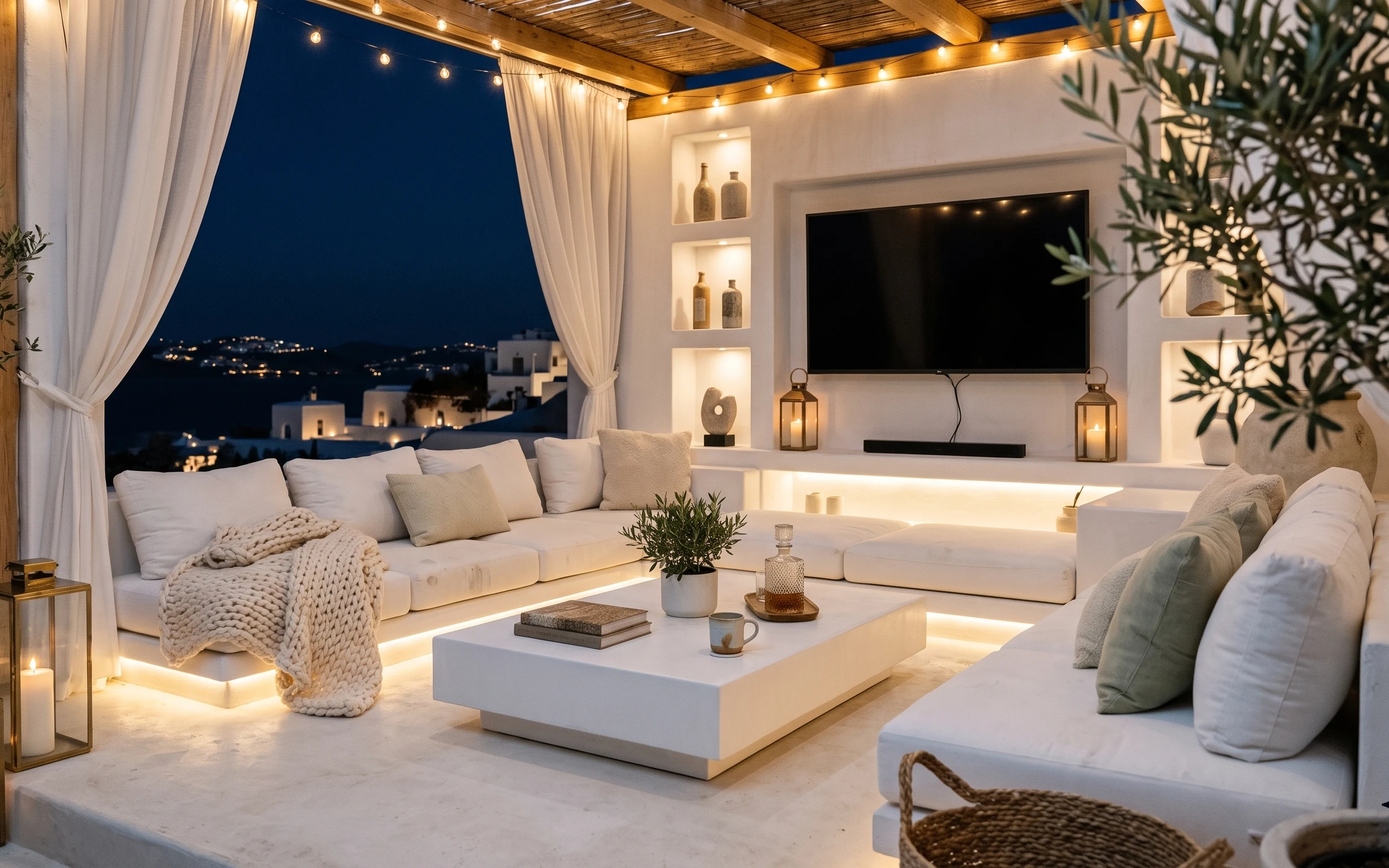 Outdoor patio lounge with white sheer curtains, warm string lights, white sofa, coffee table, lantern candles, and a potted olive tree