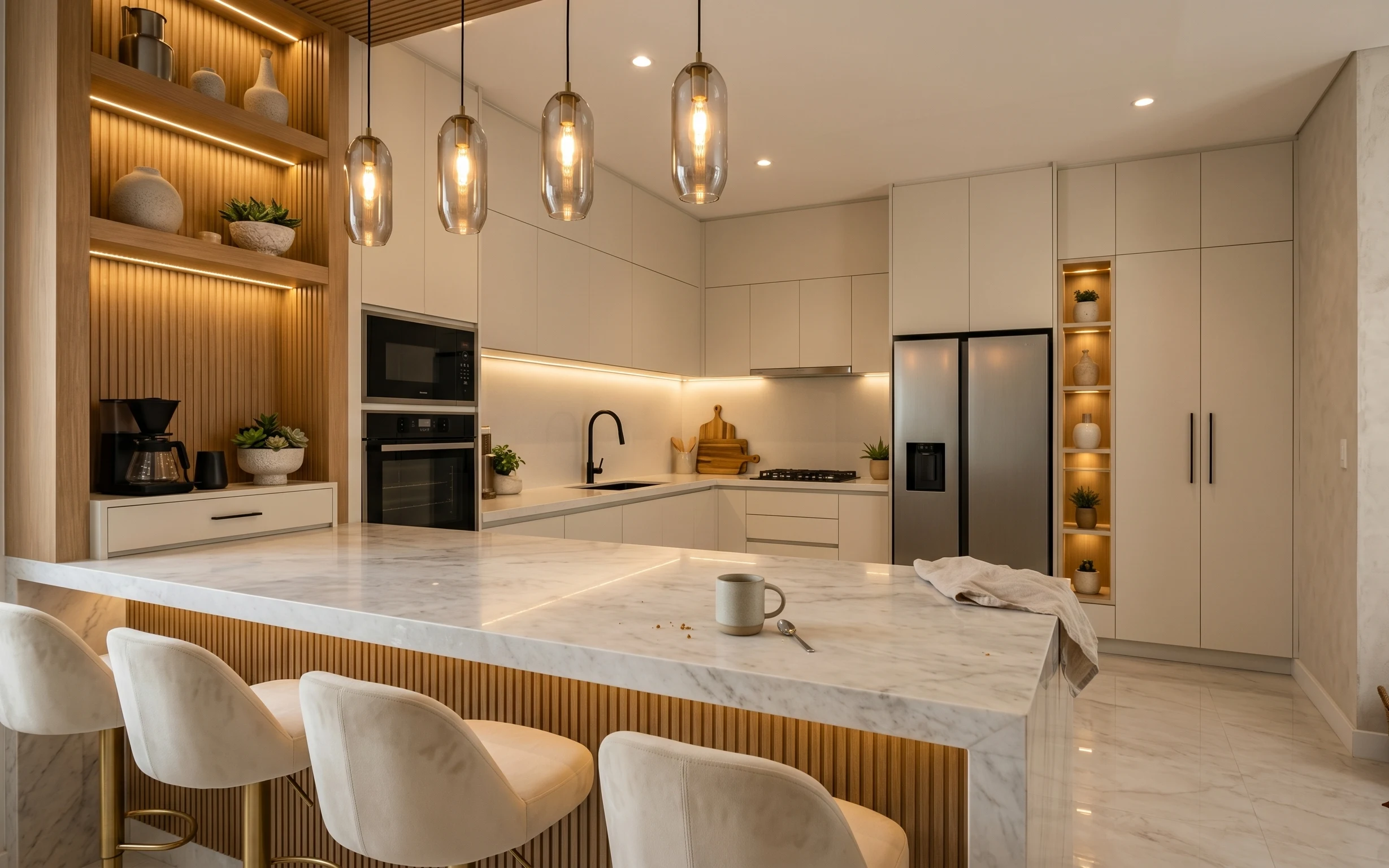 Warm japandi kitchen island dining zone with marble table, cream chairs, glass pendant lights, and potted plants