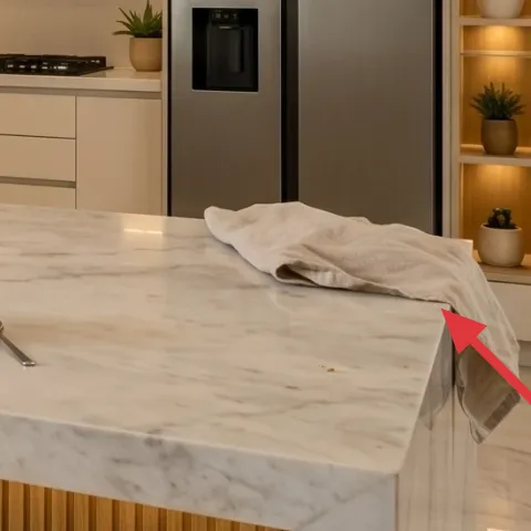 white kitchen towel draped on the marble countertop