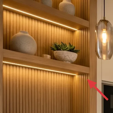 potted plant in a gray planter on the left built-in shelf