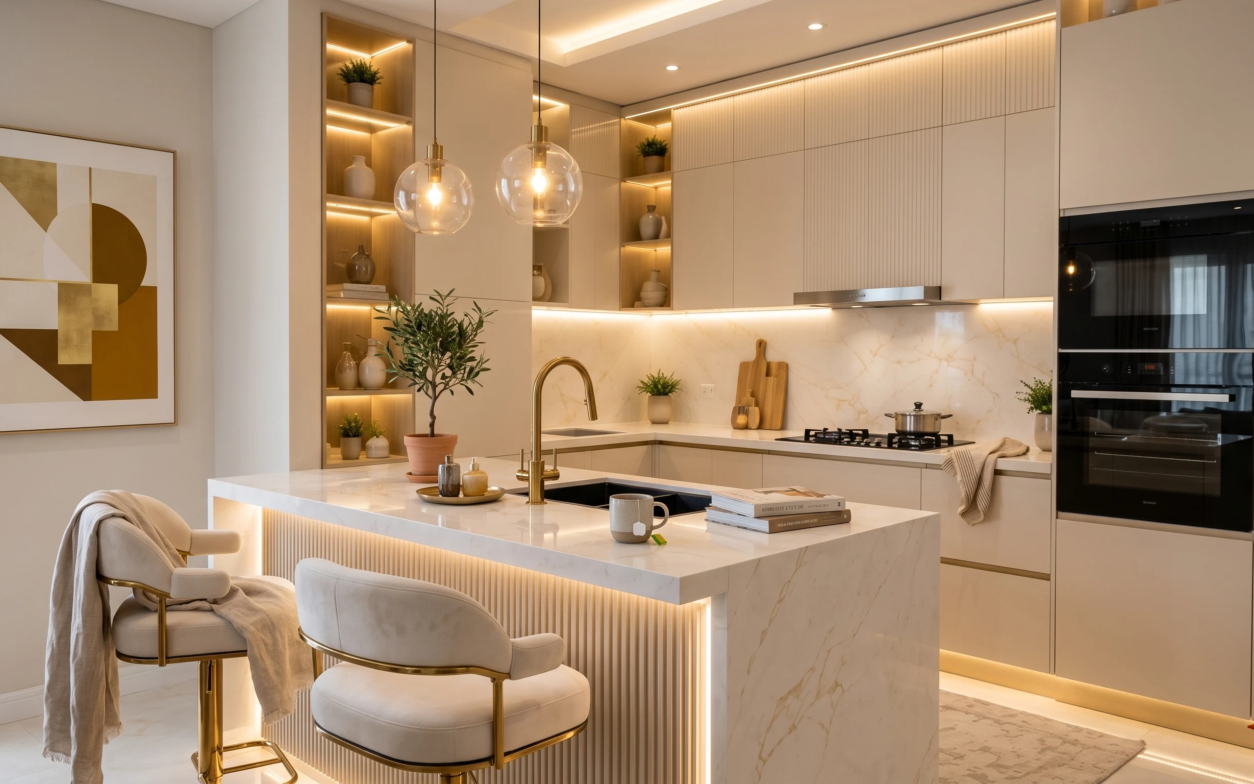 Warm modern kitchen island seating nook with gold barstools, olive plant, framed art, and globe pendant lights