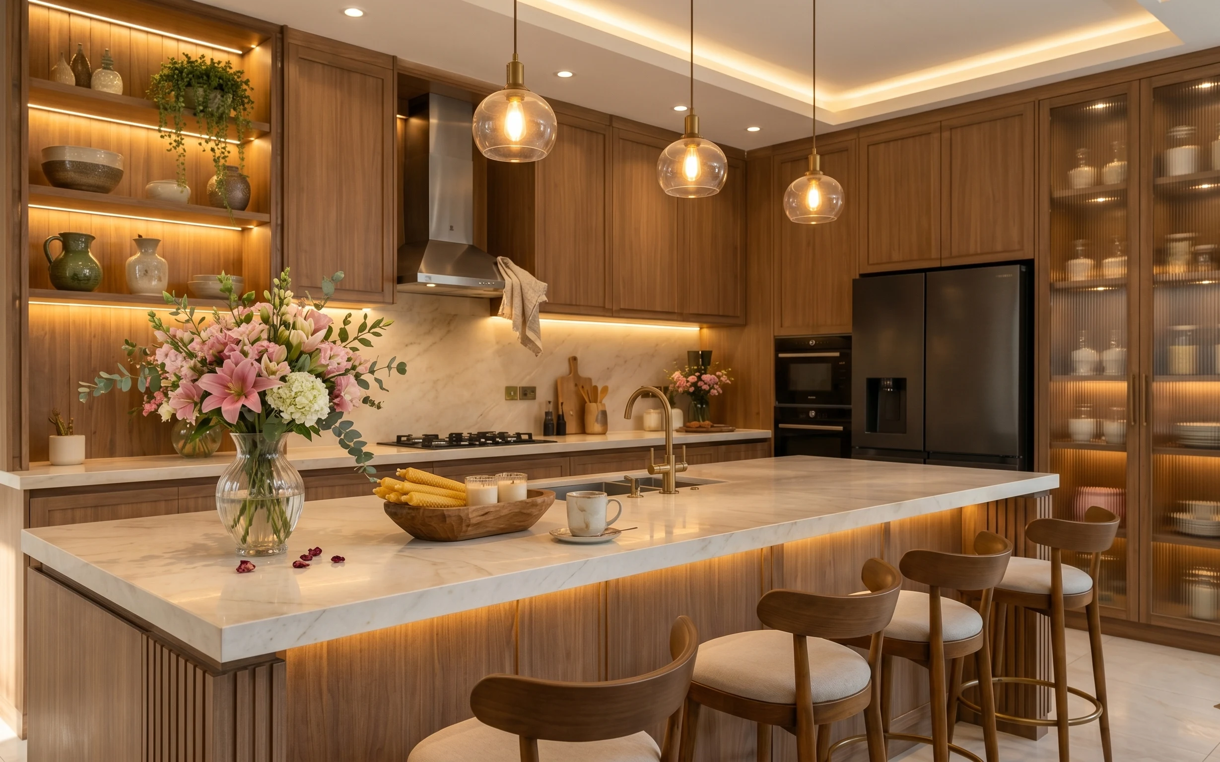 Warm wood kitchen with marble island, glass globe pendants, bar stools, stainless fridge, and pink flowers in a glass vase