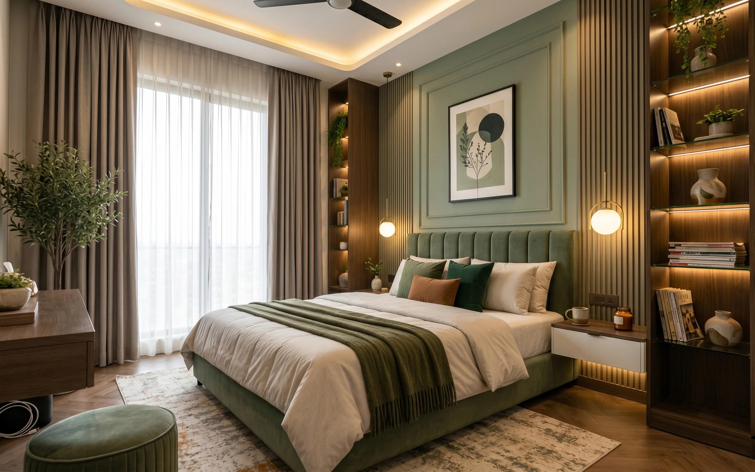 Warm japandi bedroom corner with green upholstered bed, cream bedding, brown curtains, rug, framed botanical print, and shelf decor