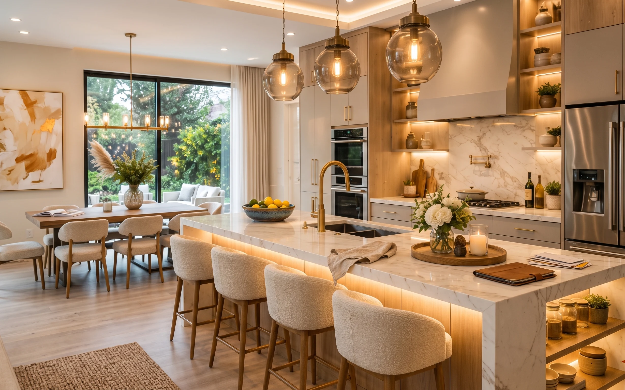 Warm modern kitchen with marble-look island, sheer curtains, framed abstract print, pendant lights, and styled countertop candle tray