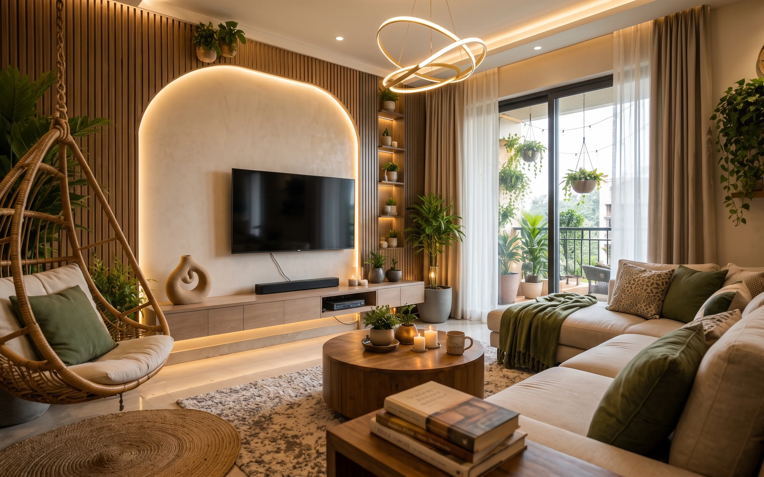Sofa corner with patterned rug, olive throws, candles, string lights, plants, and warm ring ceiling lighting