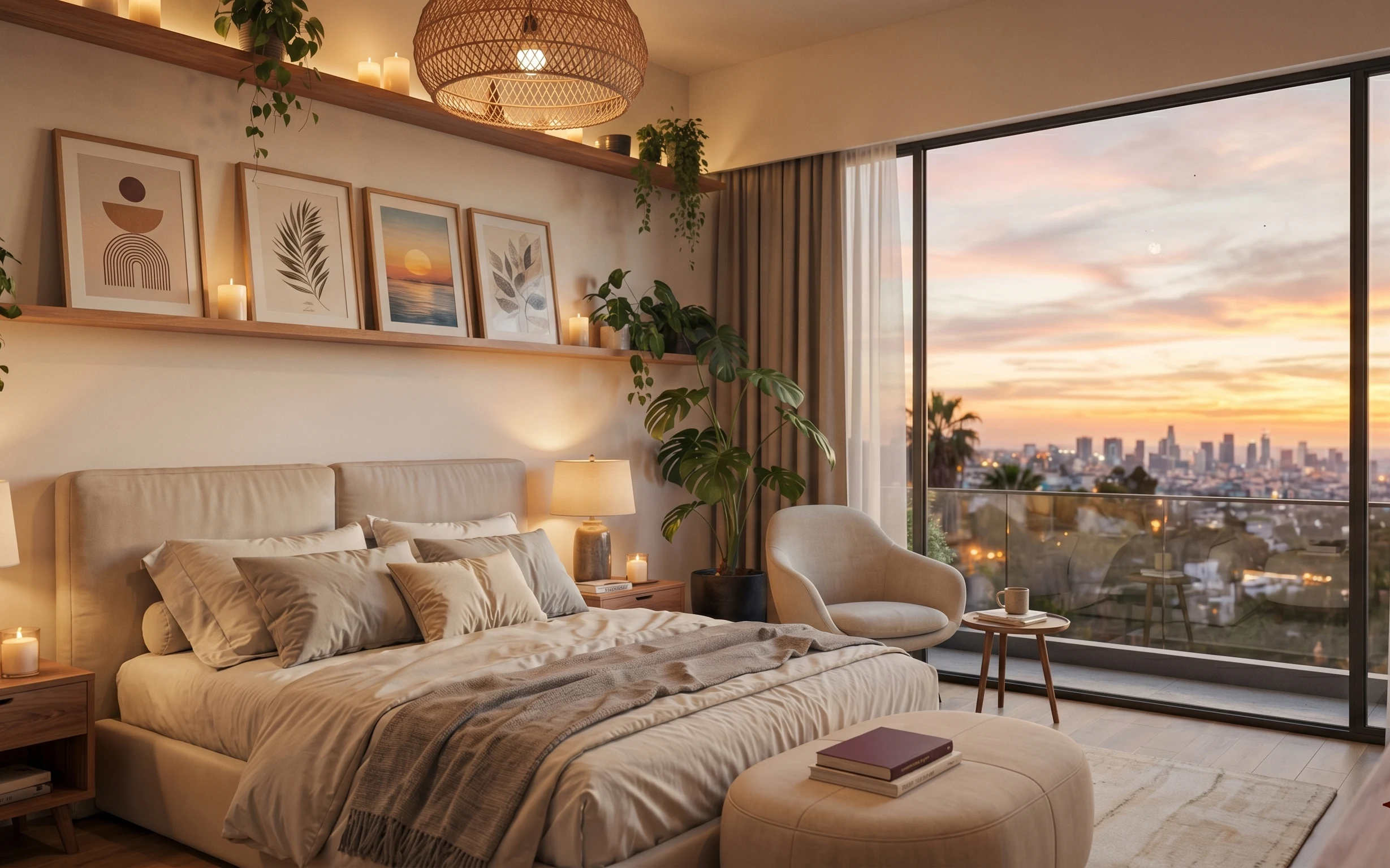 Warm beige bedroom with bed, layered pillows, candles, framed botanicals, curtains, chair, and city view at dusk