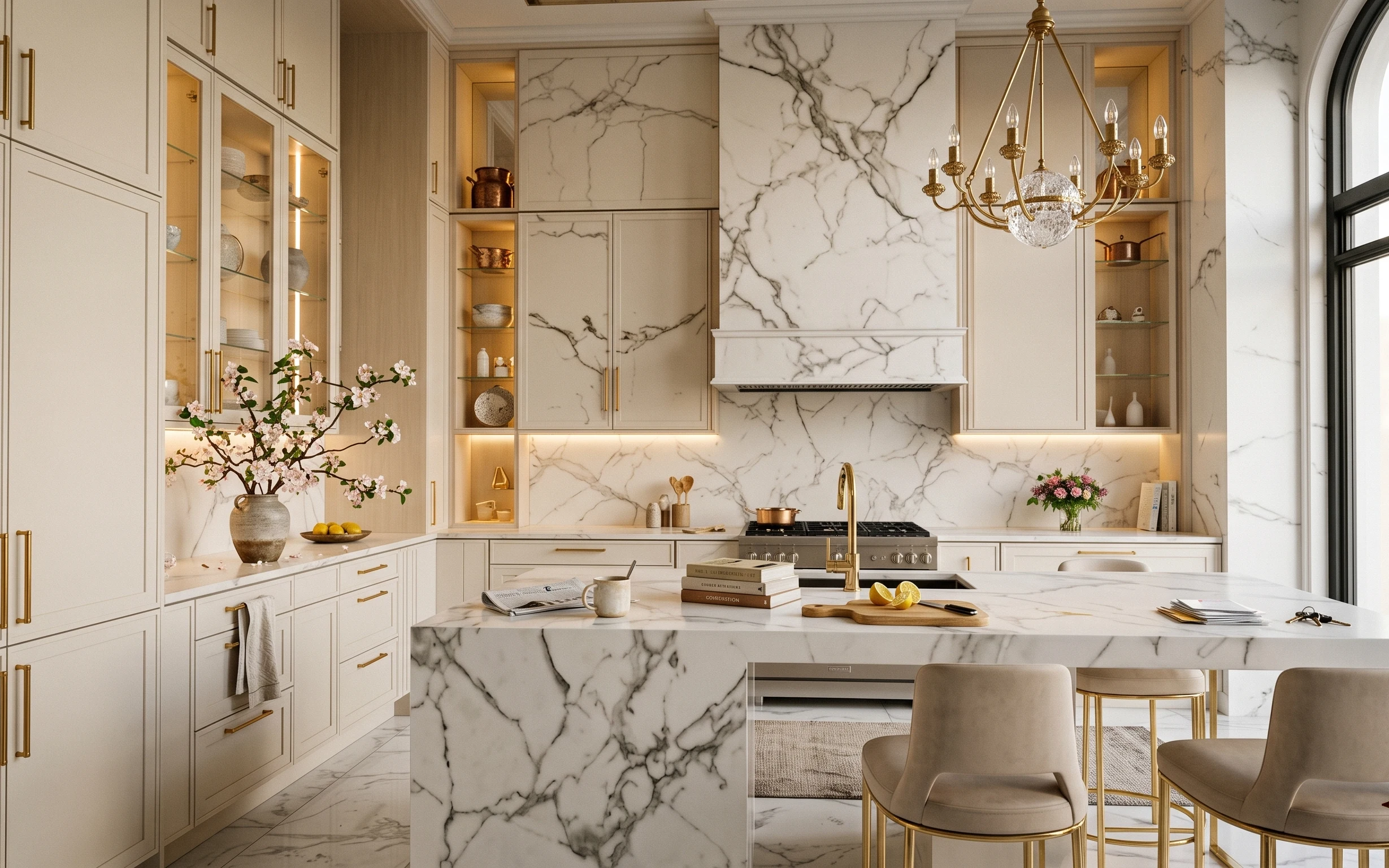 Bright kitchen island with marble backsplash, beige rug, gold chairs, ceramic vase with pink blossoms, and chandelier lighting