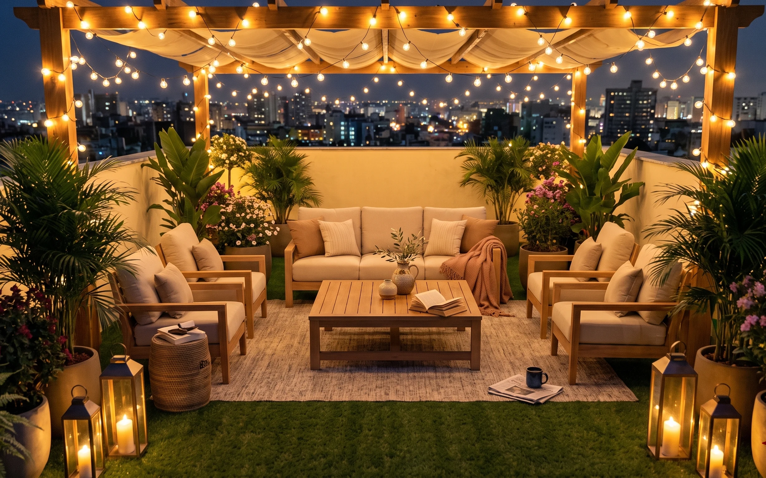 Warm patio lounge at night with cream seating, blue patterned rug, string lights, lantern candles, and potted palms