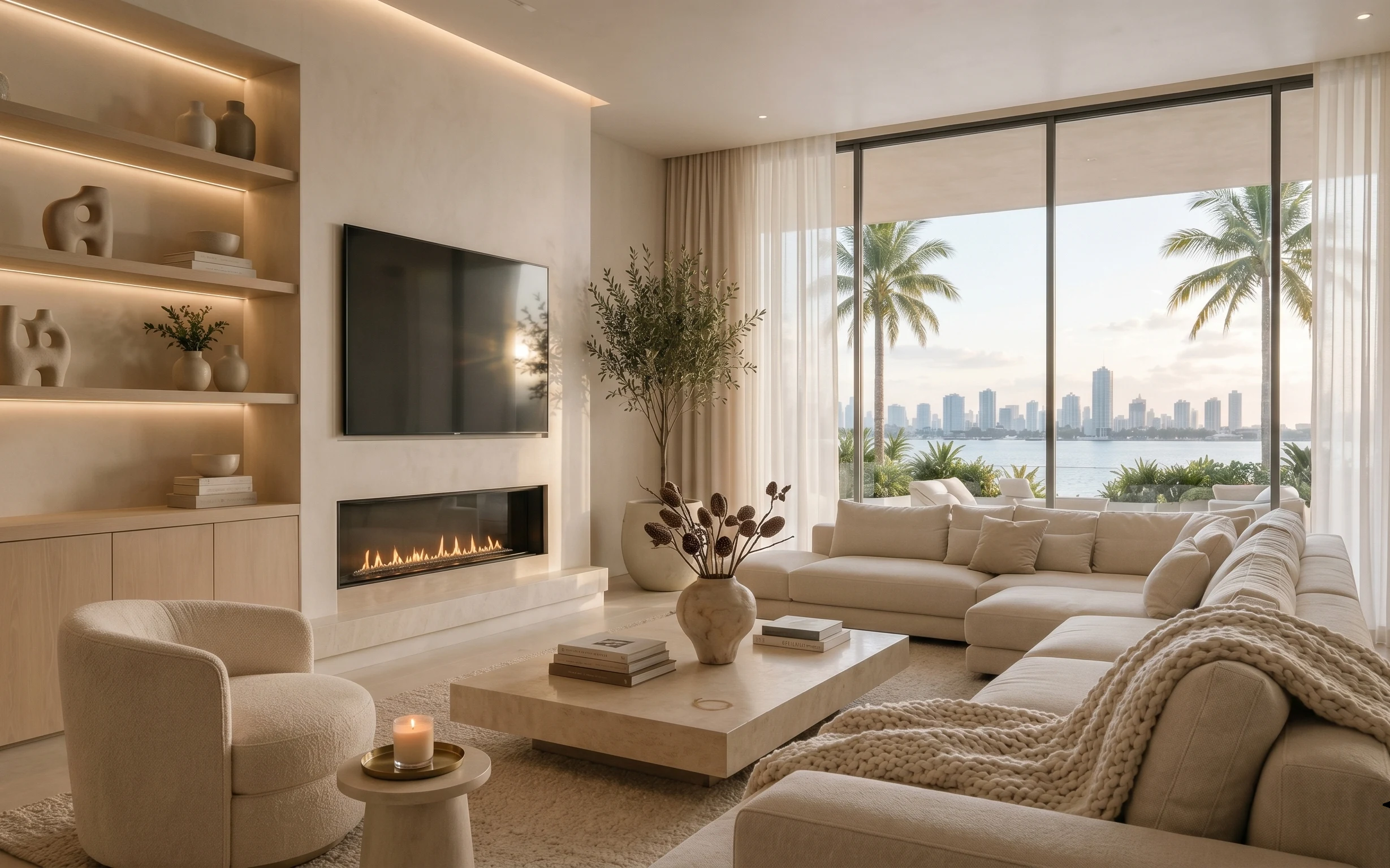Warm minimalist living room with cream sofa, beige rug, layered curtains, vase, and candle-lit tray