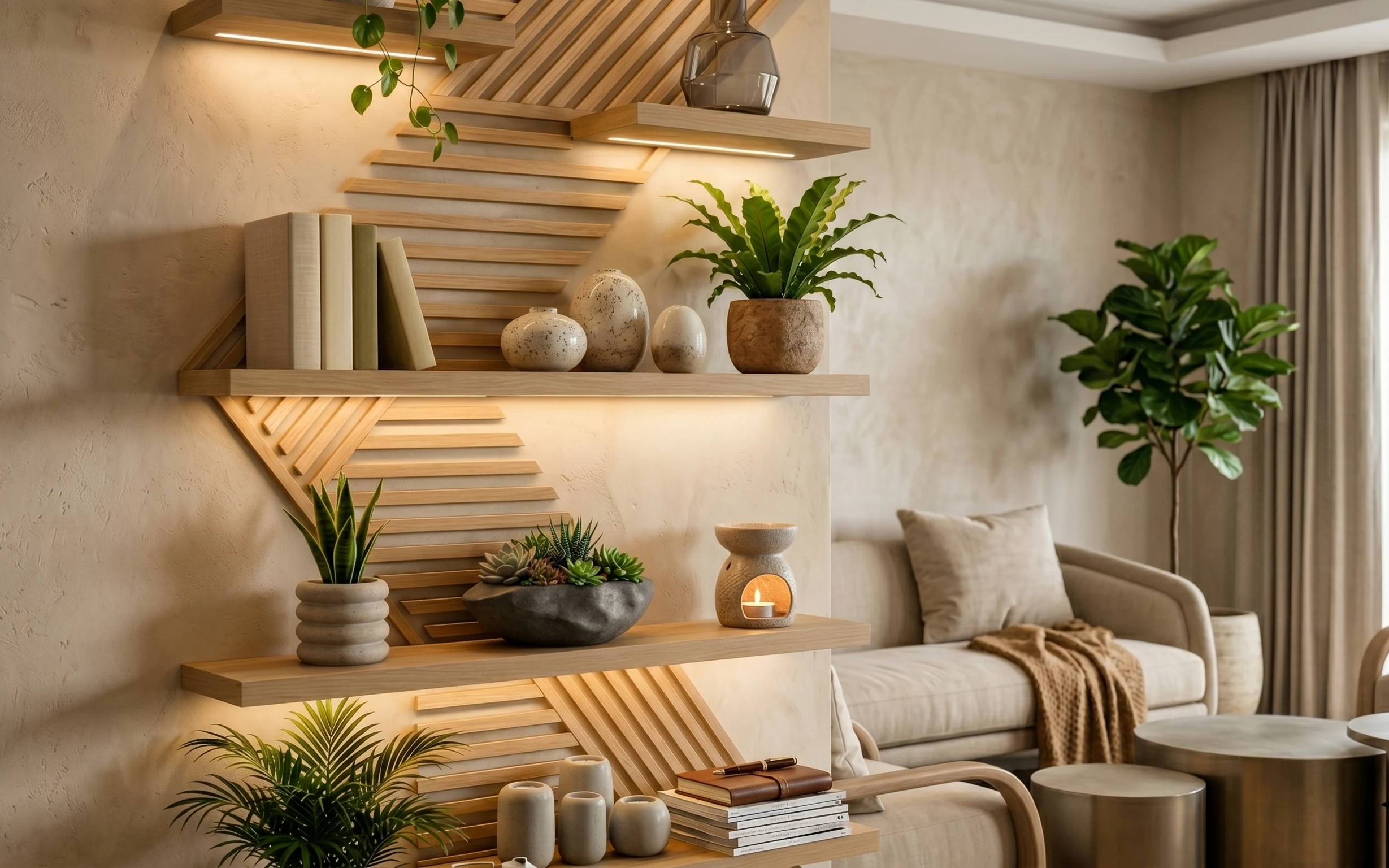 Warm beige living room with sofa, tan throw, leafy potted plant, ceramic vases, candle, and curtains by a small round table