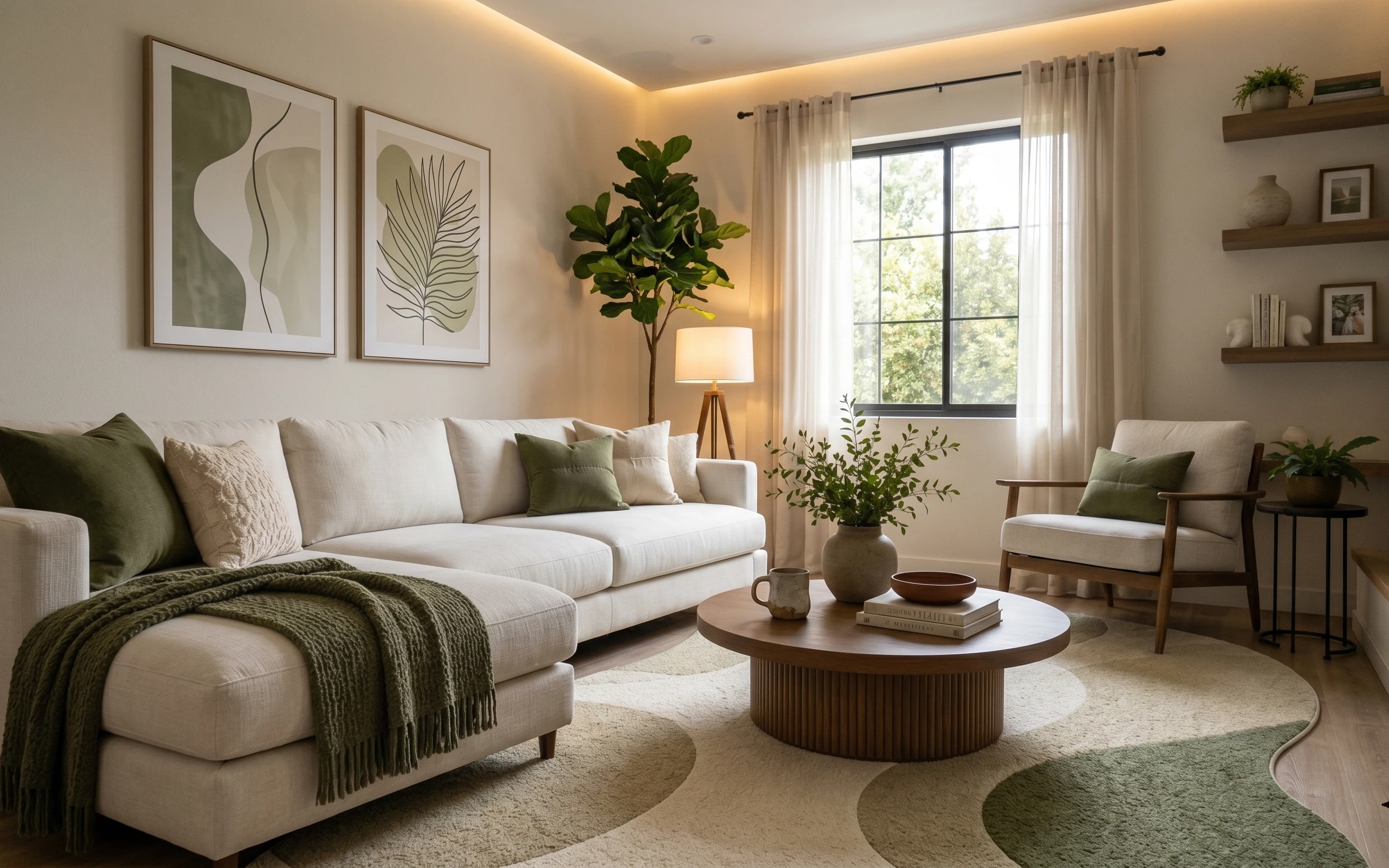 Renter-friendly sofa seating area with cream furniture, olive throw, beige rug, framed prints, warm floor lamp, and tall potted plant.