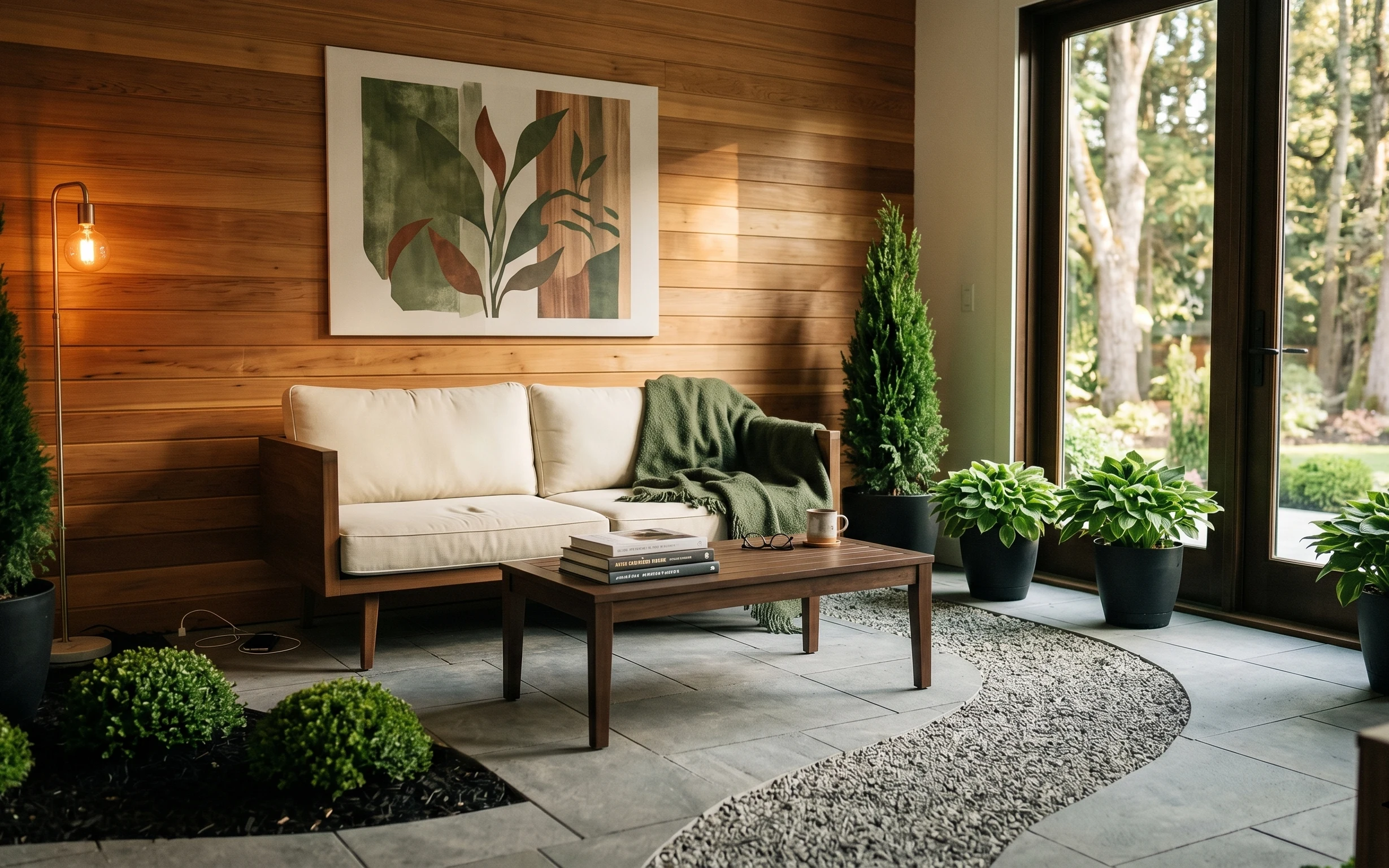 Wood-paneled courtyard with cream loveseat, green throw, round rug, framed botanical art, tall exposed-bulb lamp, and leafy planters by a window