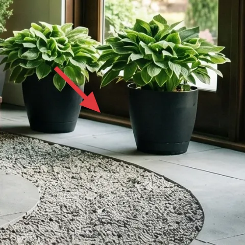 large dark planter with leafy plants on right