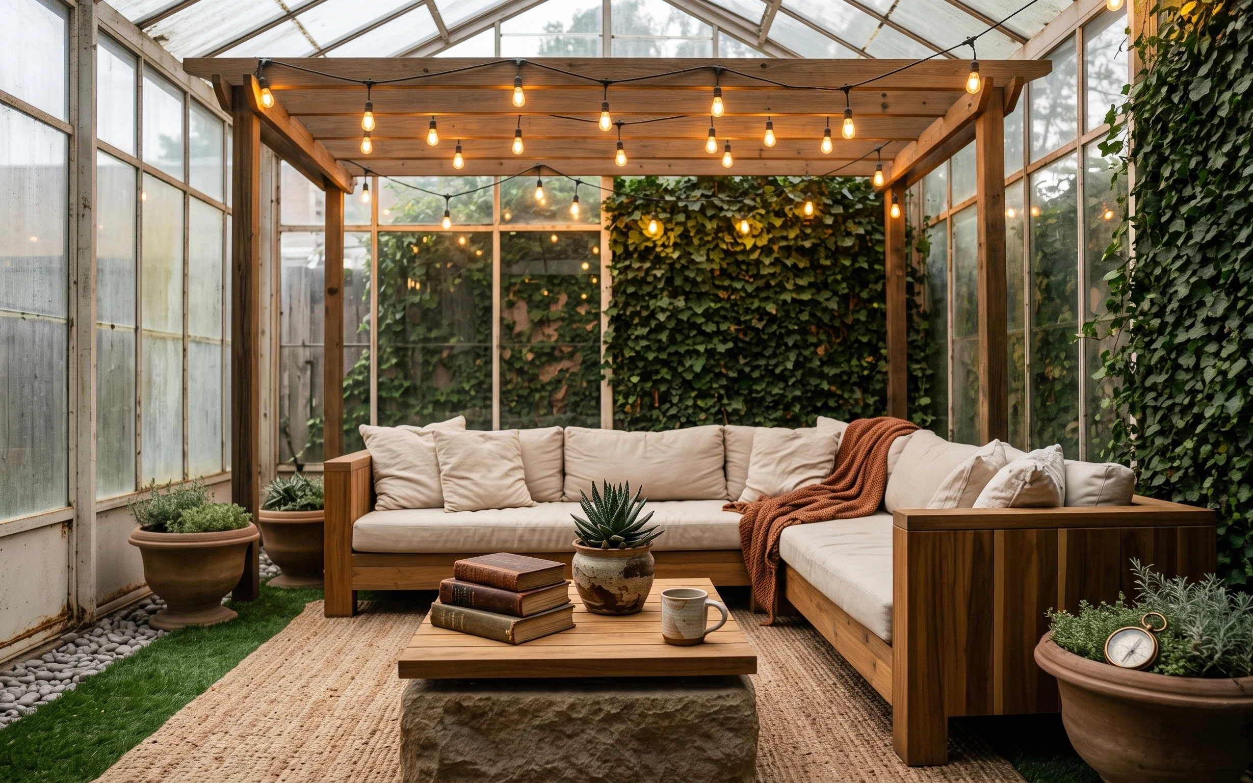 Garden pergola lounge with a wooden daybed, cream cushions, rust throw, warm string lights, succulent pot, and green vine wall