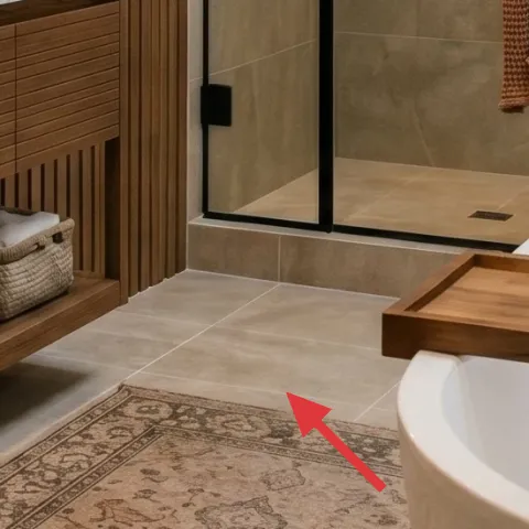 Patterned area rug on the bathroom floor