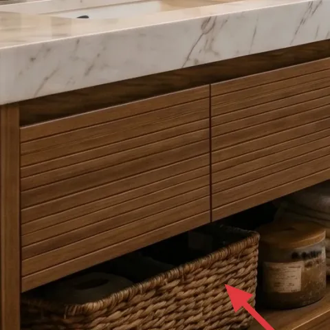 Woven storage basket under the vanity