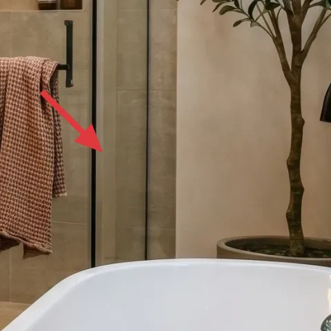 Checkered hand towel hanging on the wall