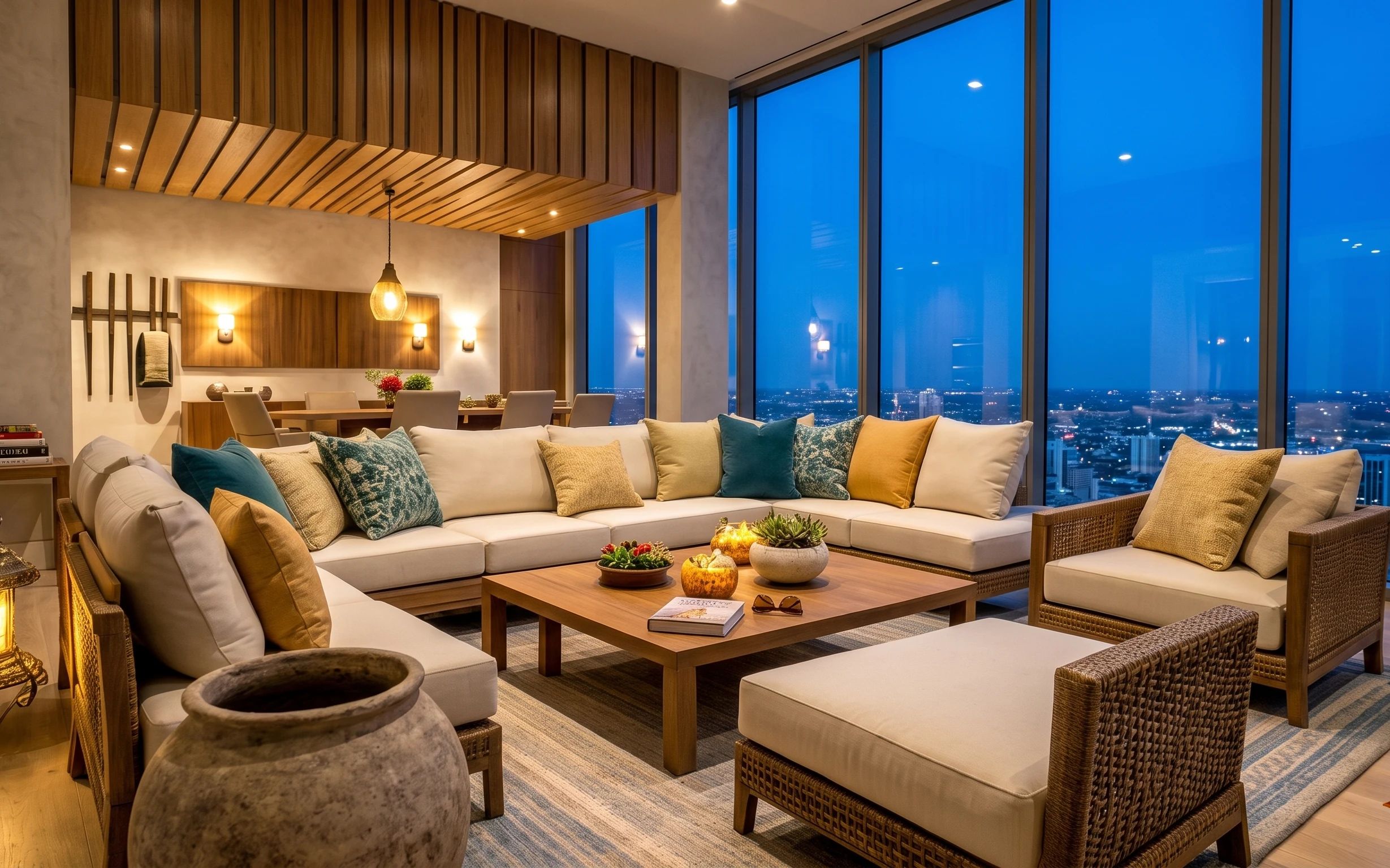 Warm modern living room lounge with white sectional sofa, teal pillows, wall sconces, and glass globe hanging light