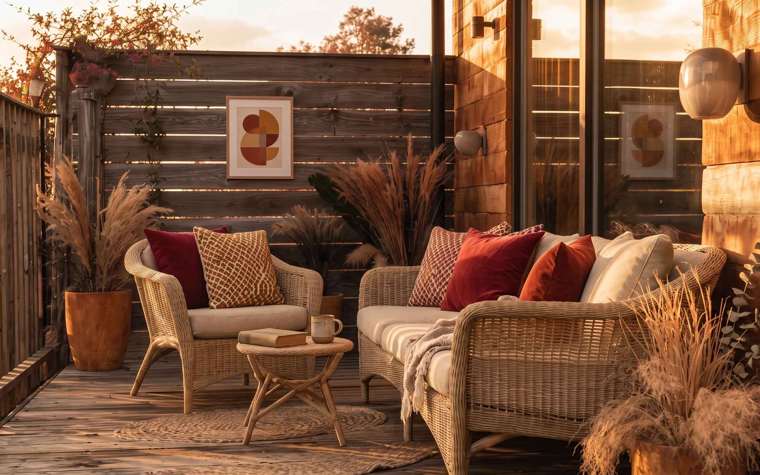 Boho patio lounge with wicker seating, woven rug, framed abstract prints, terracotta planter and dried pampas grass in golden-hour light