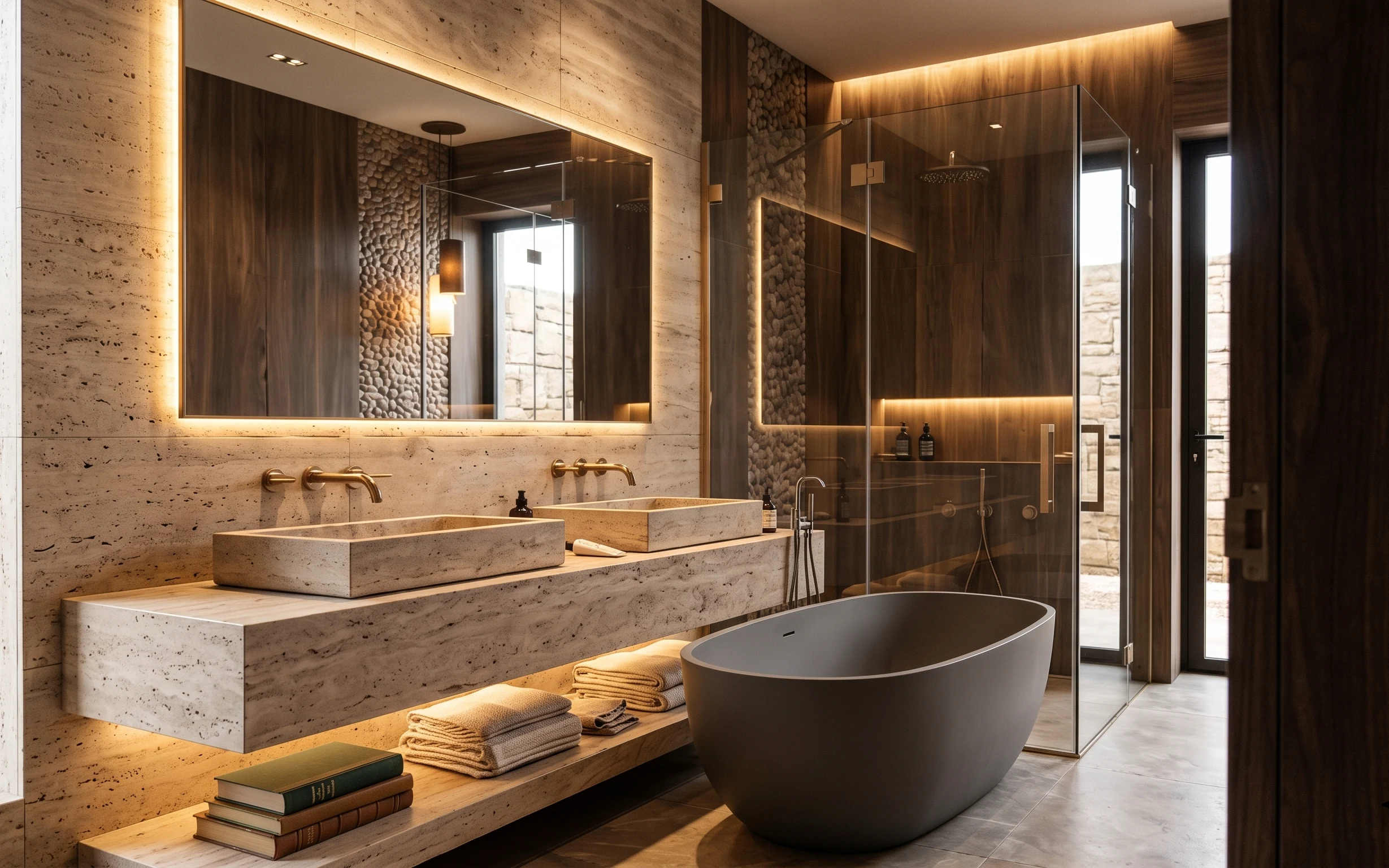 Warm spa bathroom with freestanding tub, beige towels and mat, and gold-framed mirror glow over a stone vanity