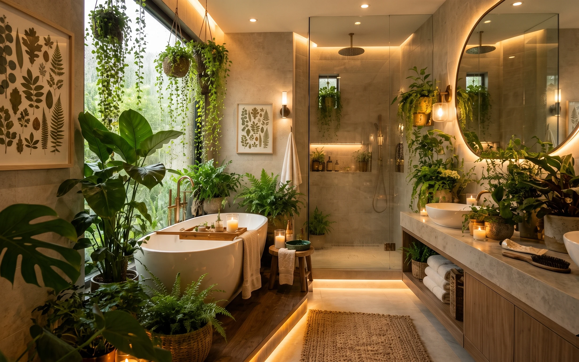 Botanical bathroom with round mirror, framed leaf print, hanging plant planters, candles, and woven rug
