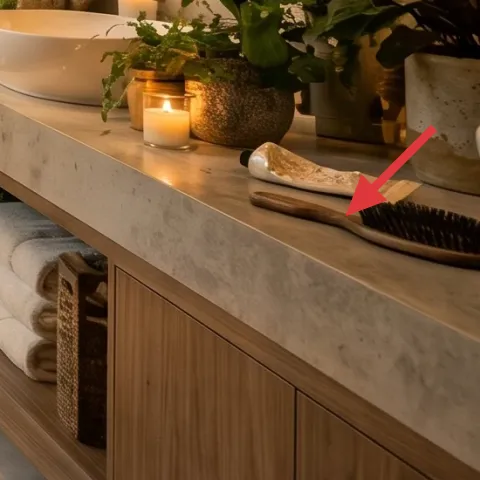 candle in jar on vanity ledge