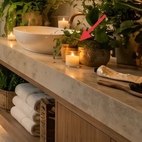 decorative tray on vanity ledge
