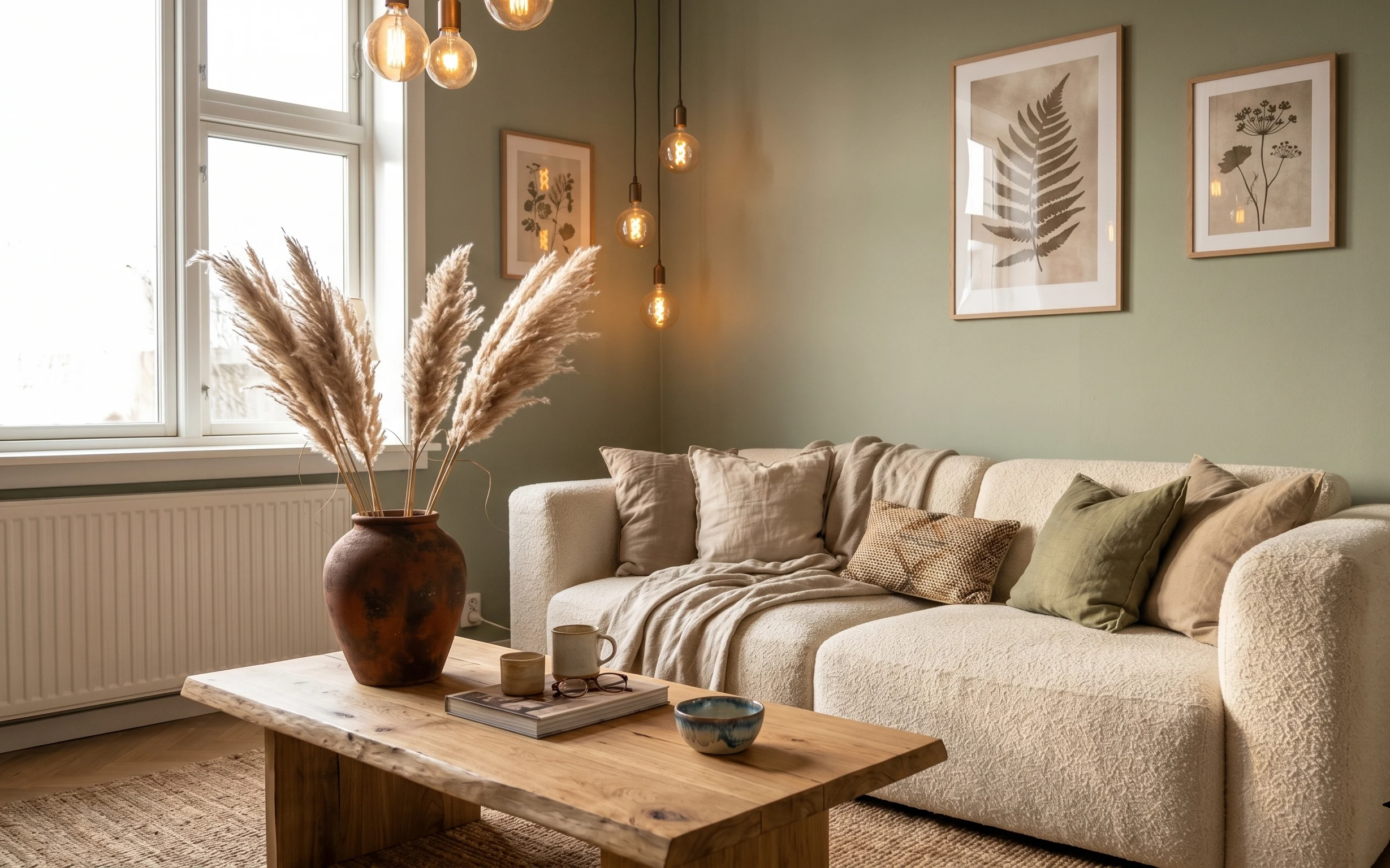 Beige sofa in a warm, earthy living room with a wood coffee table, framed botanical prints, pampas in a terra-cotta vase, and hanging bulb lights.