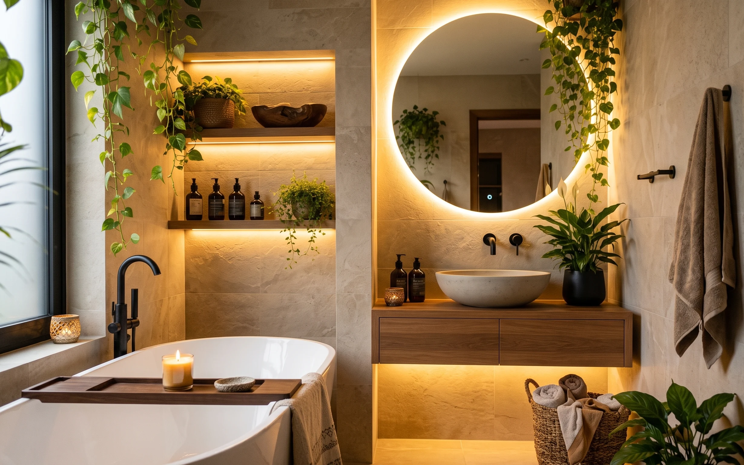 Warm bathroom corner with round mirror, candle, wood tray, towels in a woven basket, and potted plants on stone tile