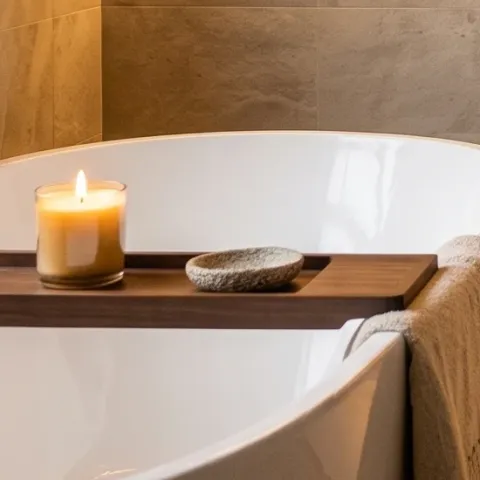 beige throw blanket draped over tub edge