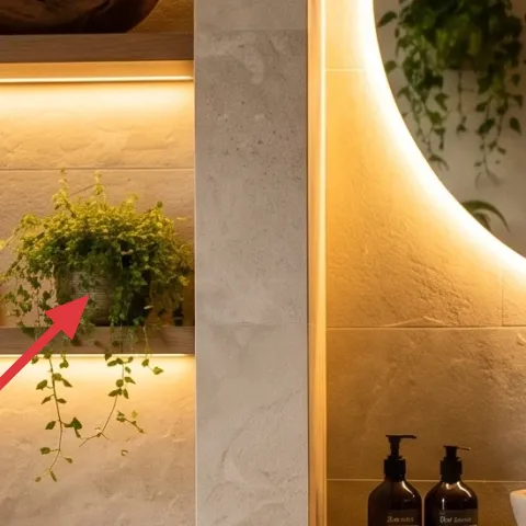 glass pump bottles on the floating shelves