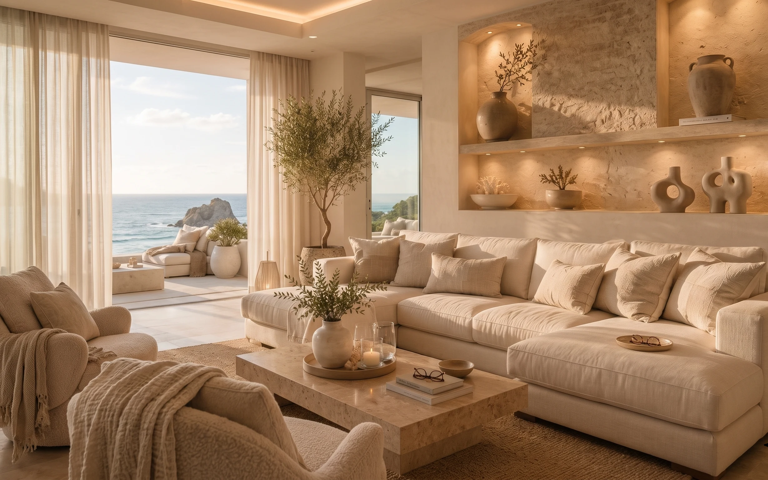 Warm beige living room sofa seating area with sheer curtains, potted plant, textured rug, candles, and a ribbed glass table lamp