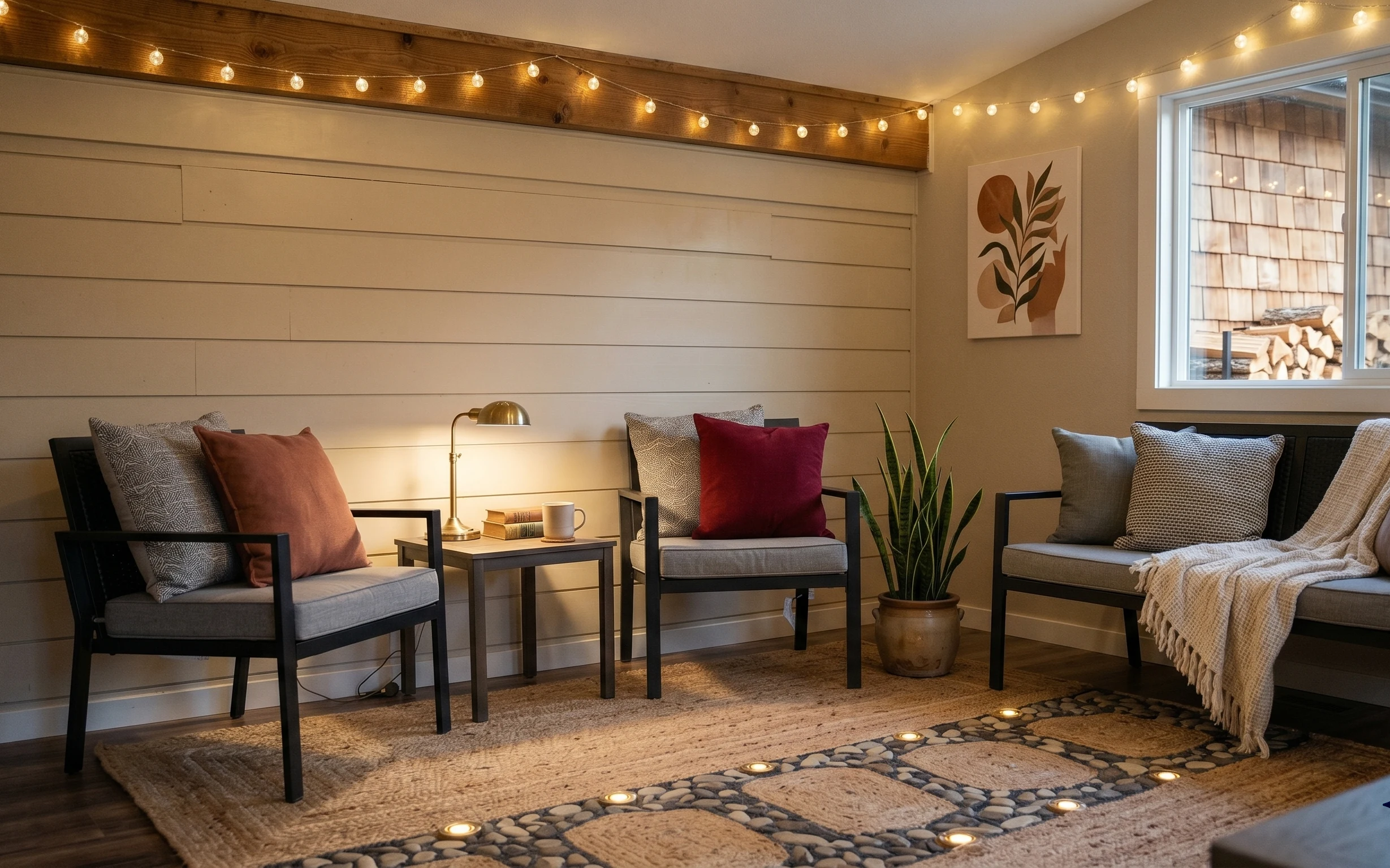 Warm sofa corner with brass lamp, string lights, framed botanical art, pillows, tall plant, and pebble-bordered area rug